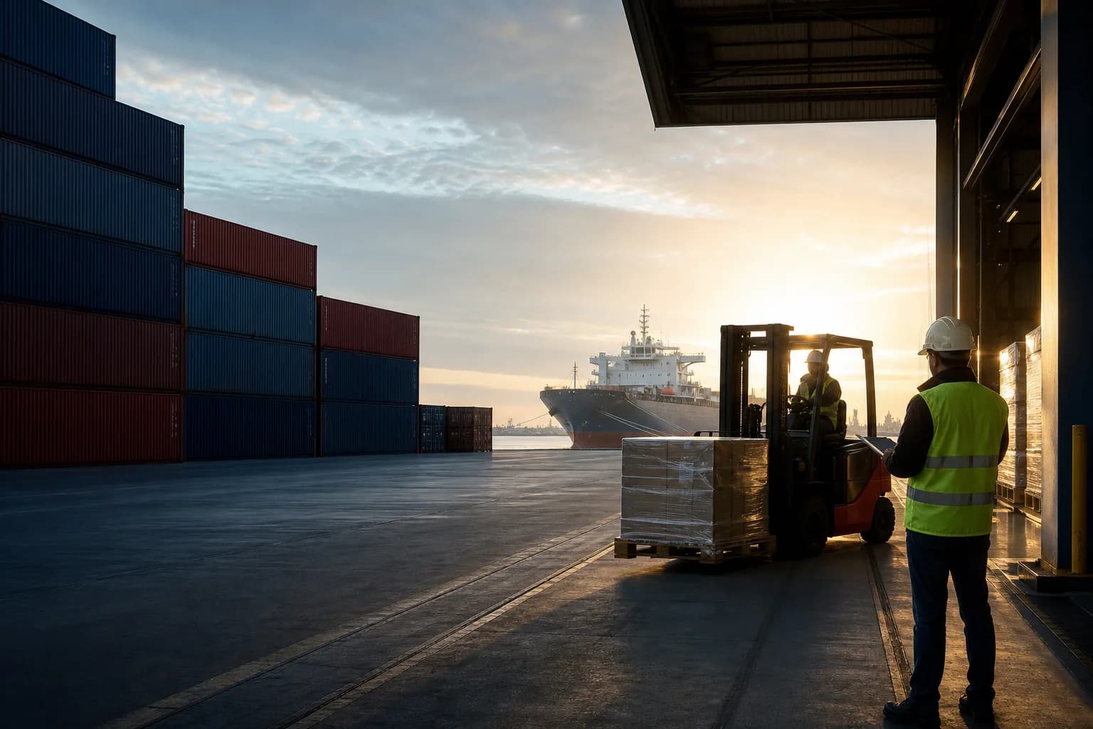 Cargo containers and export logistics at a port terminal